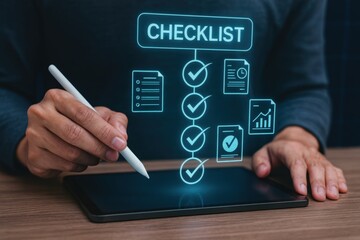 Efficient digital checklist management office environment interactive content tech workspace close-up view productivity tools for enhanced organization and task completion