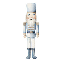 Watercolor Winter Nutcracker Soldier Illustration in Soft Blue Uniform for Christmas Designs