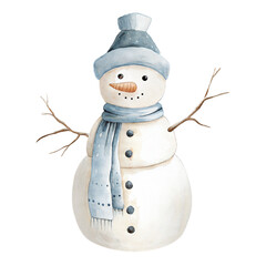Watercolor winter snowman illustration with blue hat scarf and twig arms for festive seasonal design