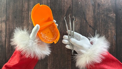 Santa Claus hands in gloves hold dental tools and a bright orange retainer case. 