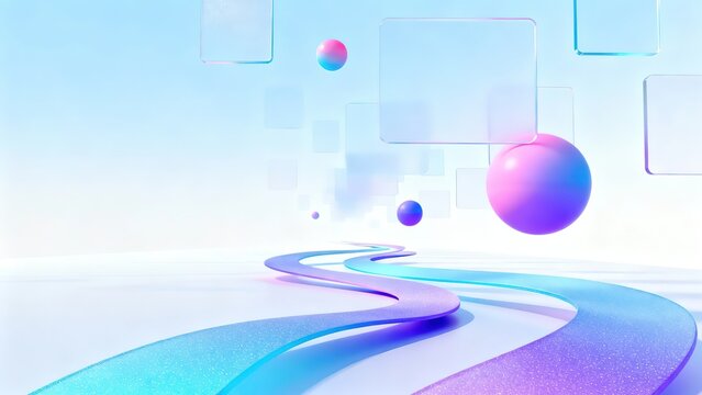 Modern Abstract Design with Soft Blue and Pink Wave Path, Transparent Glass Squares and Colorful Spheres, Clean Wide Angle View