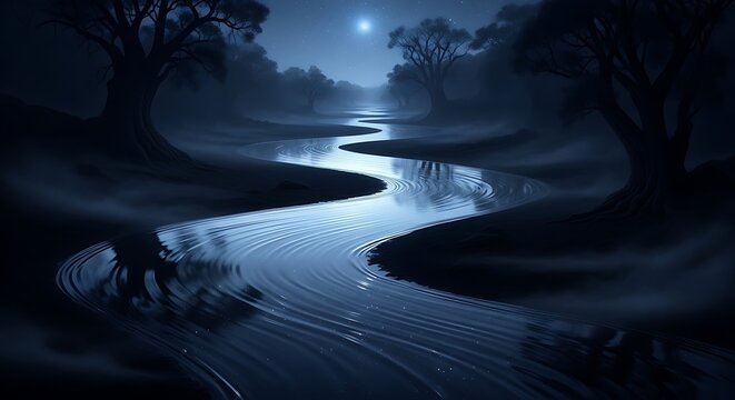 Moonlit winding river in a mystical, foggy forest at night, with silhouetted trees and ethereal light shimmering softly