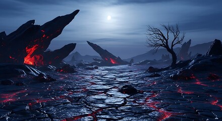 Stark volcanic world at night, glowing red lava fissures, monumental dark rocks, dead tree, full moon.