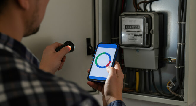 Technician uses a smartphone to monitor electrical meter readings and panel