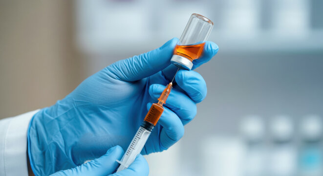 Healthcare worker prepares syringe with vaccine in clinical vaccination setting