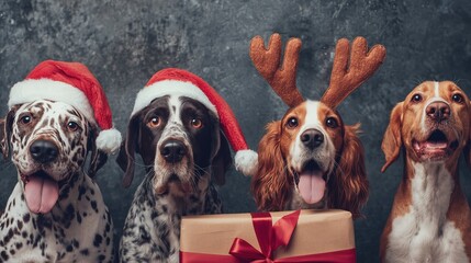 Four Dogs in Festive Holiday Attire with Christmas Gift
