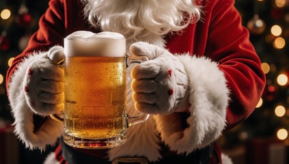Santas hand holding a pint of light beer - Merry Christmas Humorous Festive
