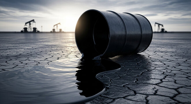 A dramatic scene of a massive oil barrel lying on its side in a barren, cracked landscape