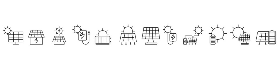 Solar panels vector icon set. Solar energy illustration sign collection. Solar charging symbol. Alternative energy logo. Web icons.