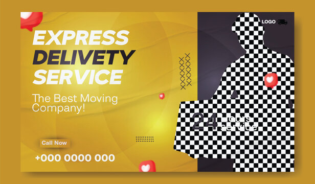 Professional express delivery service and moving company with happy customer and package. Express delivery service flyer with happy courier and package for online orders and fast shipping. Happy man.