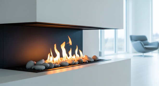 Modern minimalist fireplace with glowing flames and decorative stones in a bright luxury interior.