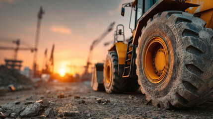 An impactful, low-angle shot focusing on the rugged tire and wheel of a yellow heavy-duty construction vehicle, set against a stunning, vibrant sunset and a blurred industrial worksite
