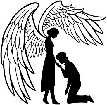 Silhouette of Angel with Wings and Kneeling Figure in Reverence