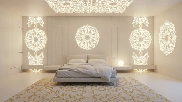 Elegant bedroom with geometric patterns and soft lighting creates a serene and modern atmosphere