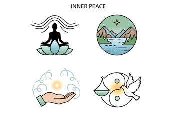 Set of four icons representing inner peace and mindfulness concepts.