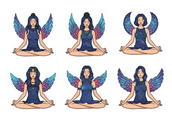 Six Angels Meditating in Lotus Pose with Colorful Wings.