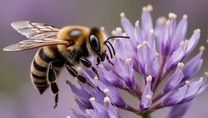 Close-up macro photography of a honey bee collecting nectar from lavender flowers focusing on intricate details of its wings body segments and antennae against a soft purple background