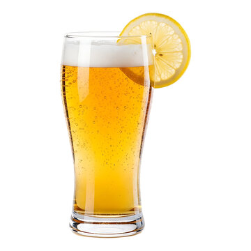 Tall glass of light beer with foamy head and a fresh lemon slice garnish, isolated on transparent background