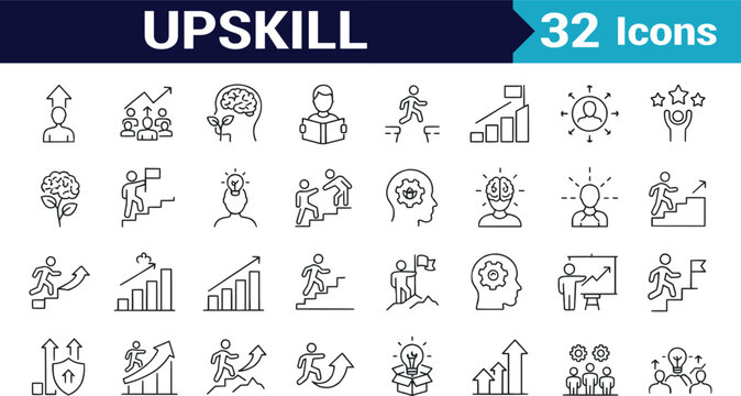 Web icon set in line style. This personal growth linear icon collection includes upskilling, development, education, career, progress, strategy, skill objectives and more. Changeable stroke