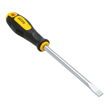 Flat head screwdriver with black and yellow ergonomic handle isolated on transparent background