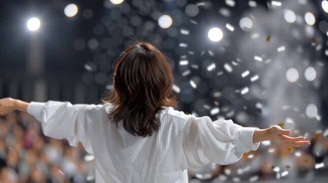 Person with arms outstretched under falling confetti and stage lights
