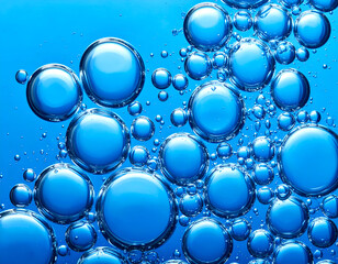 Vibrant blue bubbles of varying sizes floating in clear liquid, creating an abstract and refreshing background. Perfect for themes of purity, hydration, or science.