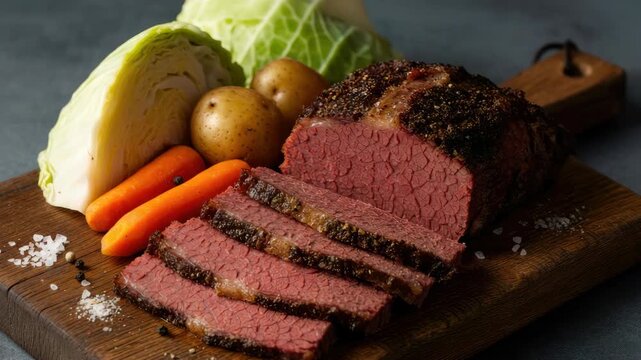 Sliced corned beef with cabbage, potatoes, and carrots on wooden board
