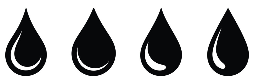 Water drop shape icon set featuring water and oil drops in flat style, isolated on white background,