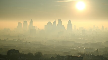 High angle view of London city skyline with silhouetted buildings, sunrise, fog, pollution, smoke, urban haze and financial skyscrapers creating a misty environmental atmosphere in early morning