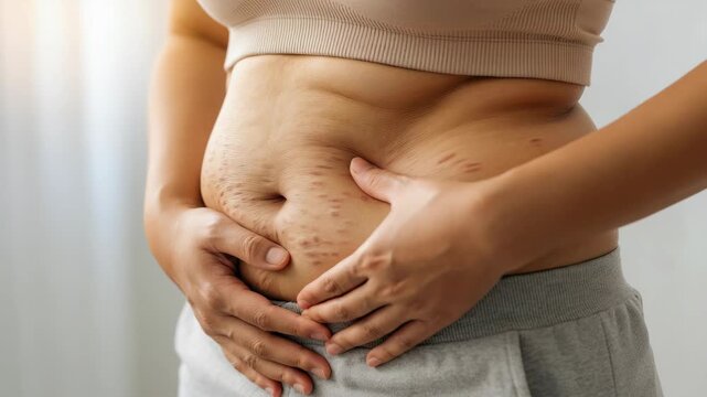 Close-up of woman's belly with stretch marks