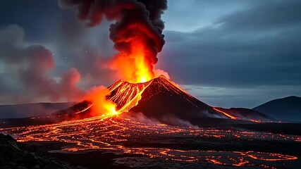 Volcano Eruption Spewing Lava and Ash into the Night Sky. - Powered by Adobe