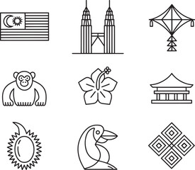 Malaysia culture thin line icons collection depicting traditional symbols landmarks and animals © MC Creative