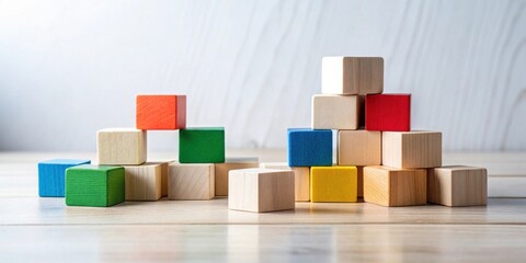 Obraz premium Colorful Wooden Blocks Arranged in Abstract Formation on a Light Wooden Surface