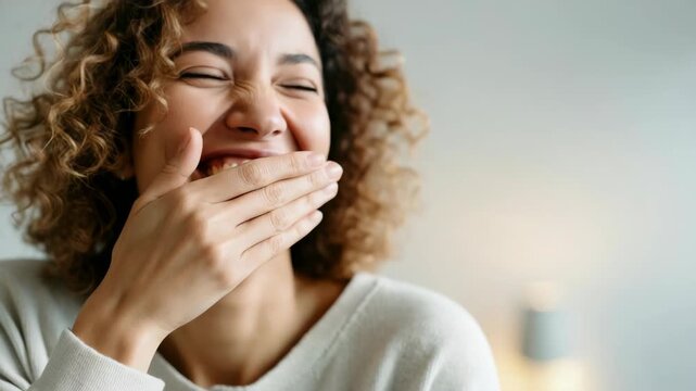 Smiling woman with curly hair covering mouth in laughter