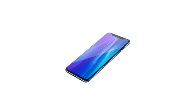 Isolated smartphone with a gradient blue and purple screen display on a black background view from above on transparent background - Powered by Adobe