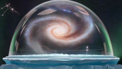 A flat earth dome model a majestic orbital shot circling the entire disc, showcasing the vastness of space within a protective dome