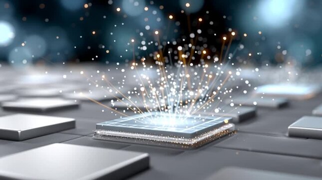 Futuristic microchip emitting data sparks and glowing particles
