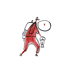 Hand paint watercolor stick figure illustration. Watercolor people. Man travels. Adventure. Backpack.