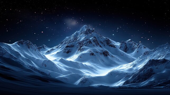 Snow covered mountain range under starry night sky with light reflecting off its peaks and cliffs capturing winter scenery beauty - Powered by Adobe