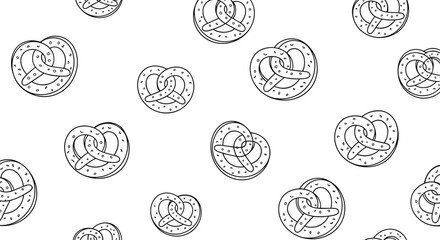 Obraz premium Minimalist black and white seamless pattern of hand-drawn pretzels a classic baked snack for Oktoberfest or bakeries.