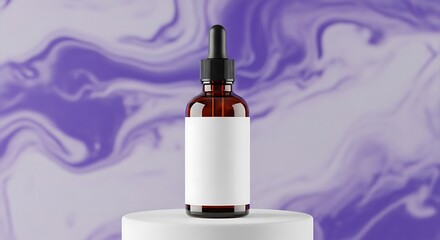 Face serum bottle with white label mockup stand on purple abstract background