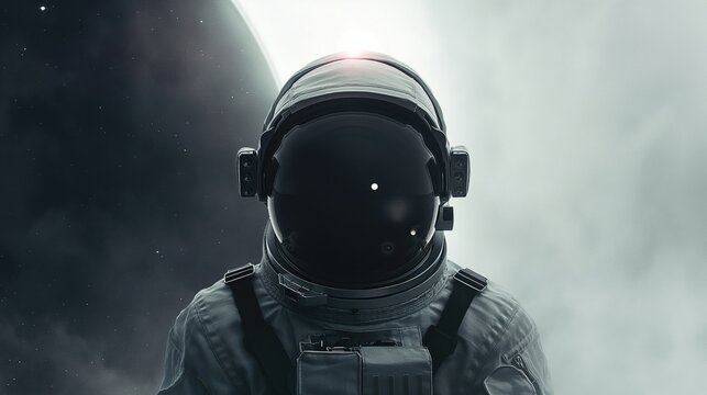 Sleek astronaut in black and gray space suit with helmet off and Earth visible behind them in minimalist digital art style