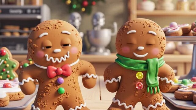 Cheerful gingerbread man character wearing green scarf and red bow tie with candy buttons waving happily in