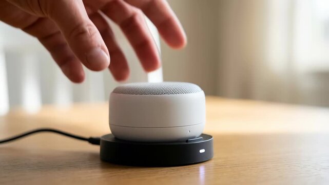 A hand interacts with a sleek smart speaker on a table, showcasing modern technology's seamless integration into daily life, with a blurred backdrop to amplify focus.