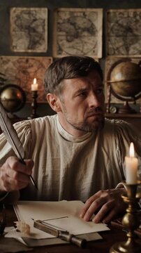 A contemplative cartographer, engrossed in his task, diligently records his findings with a quill and ink, surrounded by antique maps and a globe.