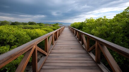 Obraz premium Wooden boardwalk through lush mangroves leading to the sea under a dramatic sky