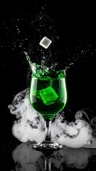 Vibrant green cocktail in a tall glass with ice cube splash and swirling smoke or vapor around it, creating a dramatic and captivating visual effect