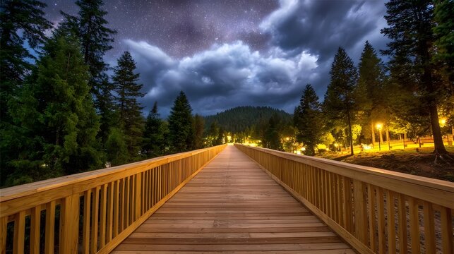 A wooden boardwalk leads through a forest at night under a starry cloudy sky with illuminated lamps