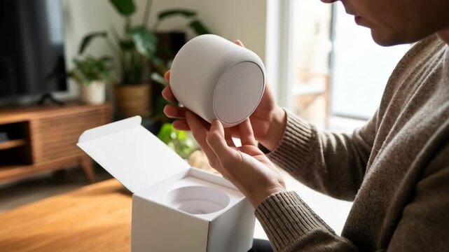 A person carefully examines a new home tech device, exploring its form and features, symbolizing a moment of modern integration and technological advancement.