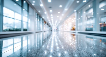 Obraz premium Wide, defocused blur image of a brightly lit modern shopping mall or commercial hallway with white walls, a polished reflective floor, and large windows for a background. High quality